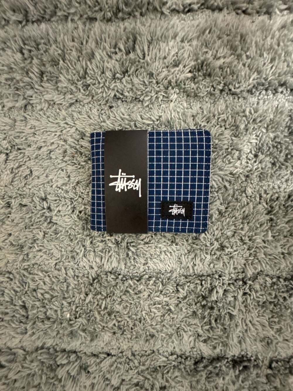 Stussy Canvas Grid Plaid Bifold Wallet Navy Blue